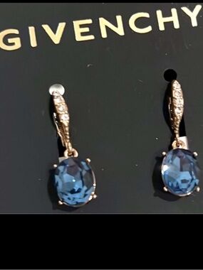 New💎Givenchy Gold -tone and Deep Blue Gem Drop Earrings